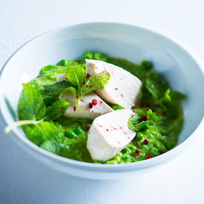 Chicken with smashed peas and broad beans