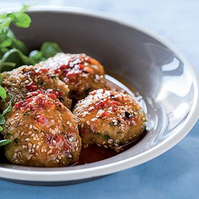 Chickpea falafels with roast-chilli vinaigrette