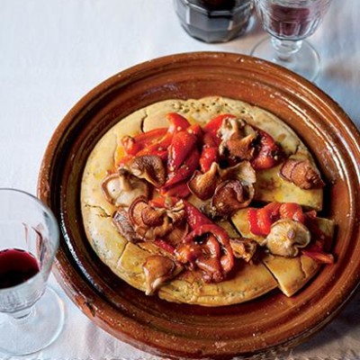 Chickpea-flour pizzas with charred peppers and mushrooms