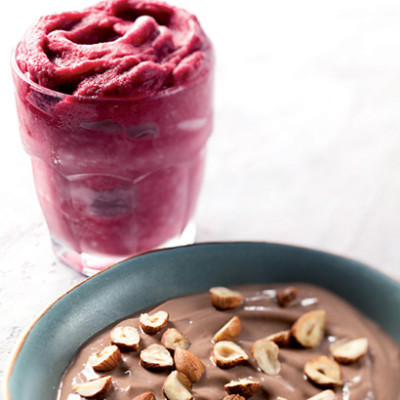 Chocolate and hazelnut mousse with berry sorbet