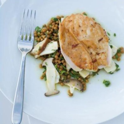 Christmas turkey with lentil salad and lemony mushrooms