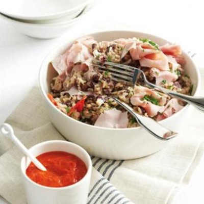 Coconut brown rice with red beans and ham