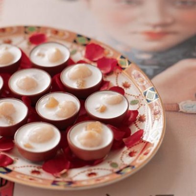 Coconut milk, lychee and preserved ginger jellies