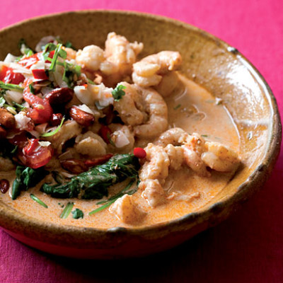 Coconut prawn curry with squashed tomato salsa