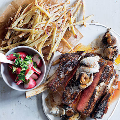 Coffee-rubbed rib-eye with mushroom sauce