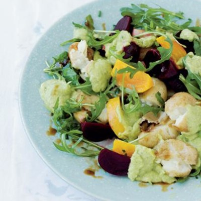 Creamed avocado with yellow and red beetroot, squashed potato and watercress