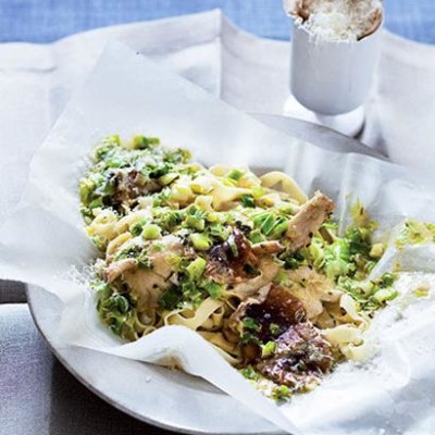 Creamy leek, shiitake mushroom and baked fresh pasta parcel