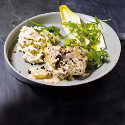 Creamy peppercorn fillet with burnt butter shallots and lentil and feta mash