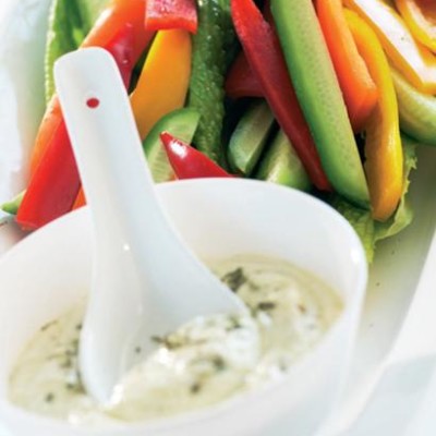 Crisp sweet pepper salad with salty feta dressing