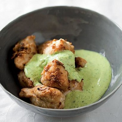 Crispy garlic chicken with coriander dressing