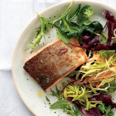 Crispy salmon with creamy, lemony avocado coleslaw