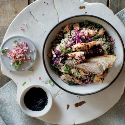 Crispy trout with rice and sesame salad