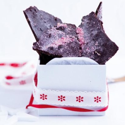 Dark chocolate praline shards with crushed sugared rose petals