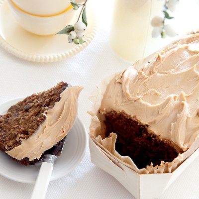 Dense date cake with thick peanut butter frosting