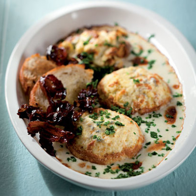 Double-baked cauliflower souffle with Cheddar and Gorgonzola sauce