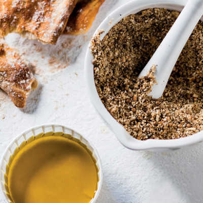 Dried mint and hazelnut dukkah with olive oil and crispbreads