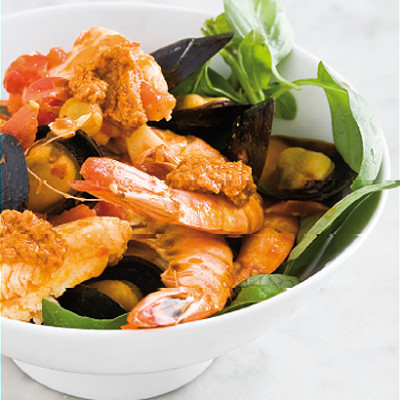 Easy bouillabaisse with sun-dried-tomato pesto and fresh basil