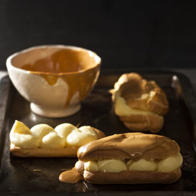 Eclairs with lemon custard and caramelised white chocolate