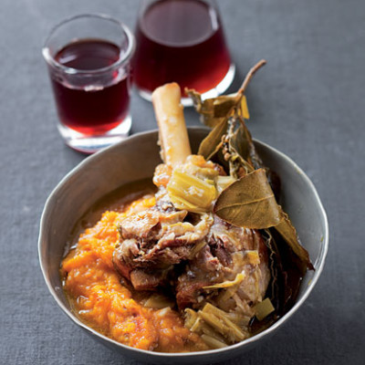 Fall-off-the-bone lamb shanks on sweet pumpkin mash