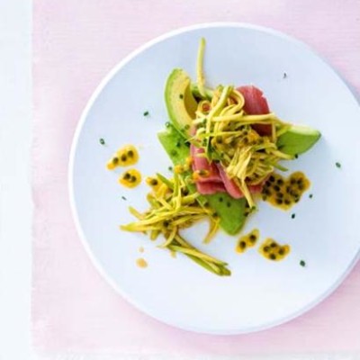 Fresh tuna carpaccio with a green mango, avocado and granadilla salad