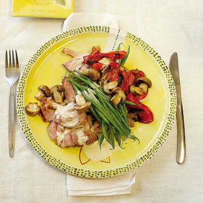 Gammon with mustard sauce and ginger-and-sesame-roasted vegetables