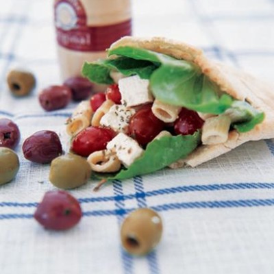 Greek pasta salad-filled pita breads