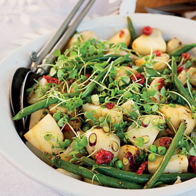 green bean, pea, baby potato and micro rocket salad with rooibos vinaigrette
