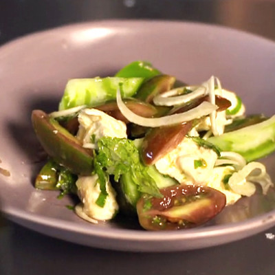 Green salad of green and Tigarella tomatoes