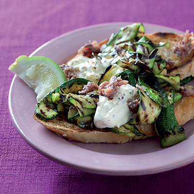 Grilled baby marrow and anchovy bruschetta