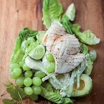 Grilled calamari steaks with grape salad and homemade mayonnaise