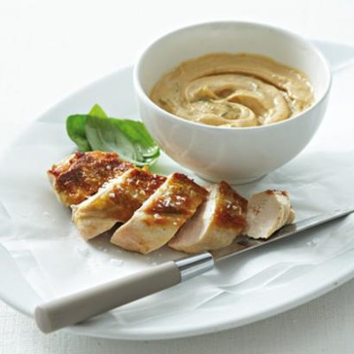 Grilled chicken with peanut, citrus and basil sauce