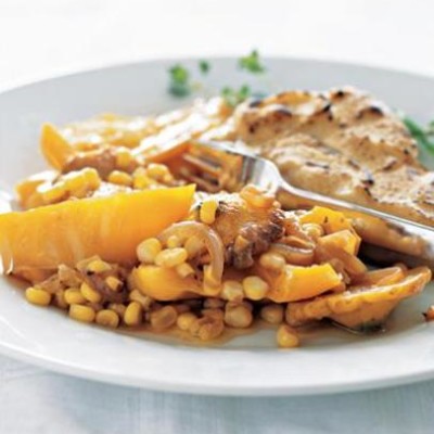 Grilled fish with pan-braised yellow vegetables