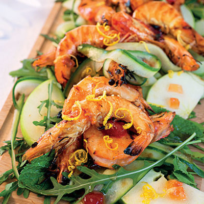 Grilled prawn salad with chilli watermelon jam dressing