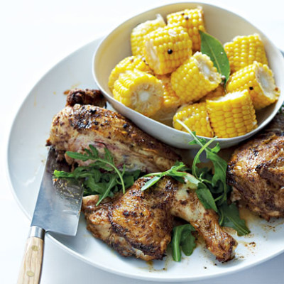 Grilled spiced flat roast chicken with marinated corn