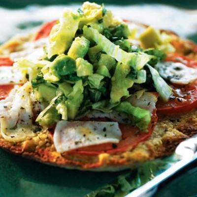 Grilled split pitas with hummus, halloumi and avocado