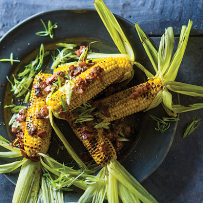 Grilled sweetcorn with crisp bacon and Gorgonzola