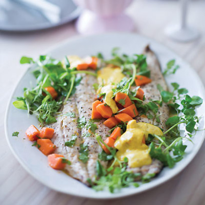 Grilled yellowtail with papaya-and-watercress salad and chermoula aioli