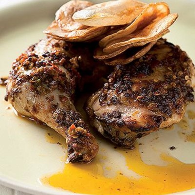 Harissa charred chicken with potato sheets