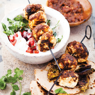 Home-made tikka paneer with tumeric brinjals, chapattis and date atchar