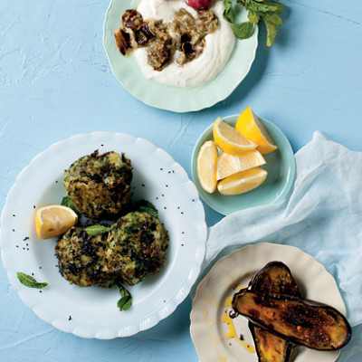 Indian-spiced potato cakes and brinjal raita