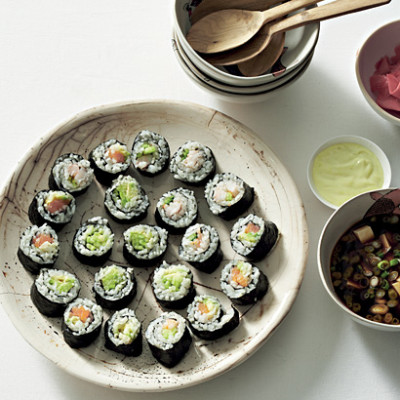 Japanese maki rolls with miso-tofu soup