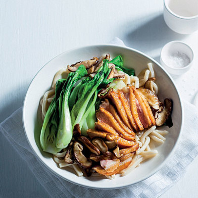 Japanese-style duck with mushrooms and noodles