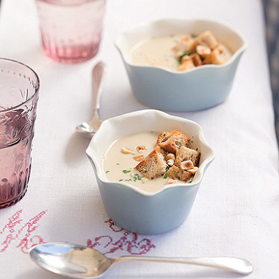 Jerusalem Artichoke soup with roasted hazelnuts