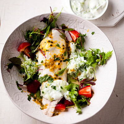 Kabeljou and strawberries with tzatziki and granadilla dressing