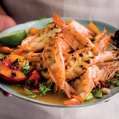 King prawns, butterflied and basted in lemon and butter