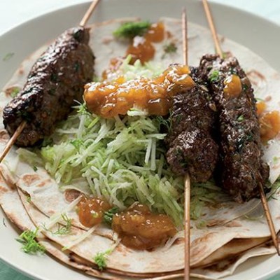 Koftas on toasted tortillas with apple slaw