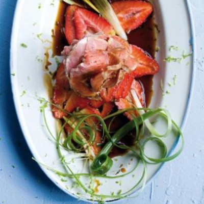 Layered seared beef and strawberry carpaccio with spring-onion curls, lime zest and vino cotto