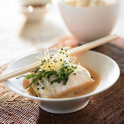 Lemon grass poached fish on coconut jasmine rice