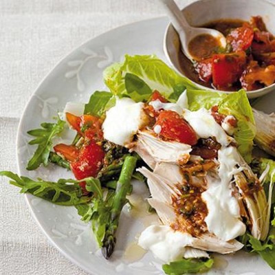 Lemon-thyme poached chicken with harissa and tomato