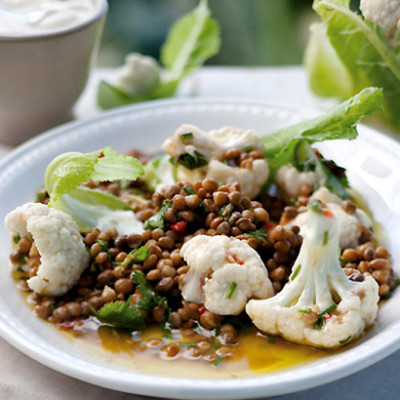 Lentil, coriander and chilli salad with warm cauliflower florets